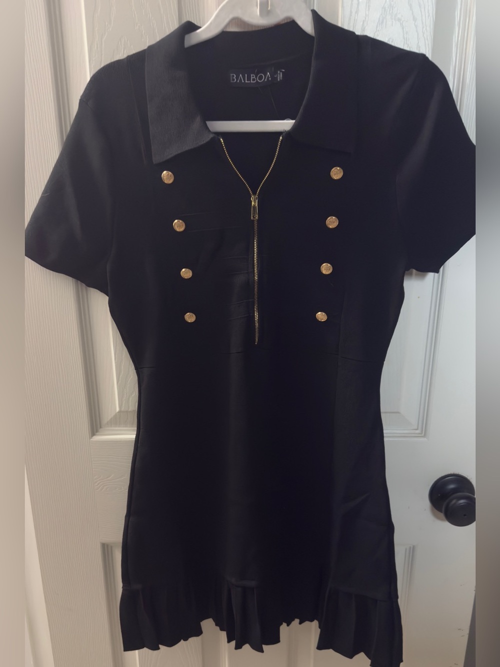 Black Short-Sleeve Dress with Gold Button Detail - military style inspired